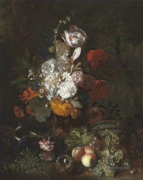  muerta Pintura - Un bodegón con flores y frutas con un nido de pájaro y huevos Flores clásicas de Jan van Huysum